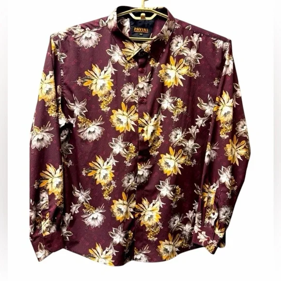 PAVINI Men’s gold lined Floral Burgundy Dress Shirt size 3XL - Picture 1 of 5